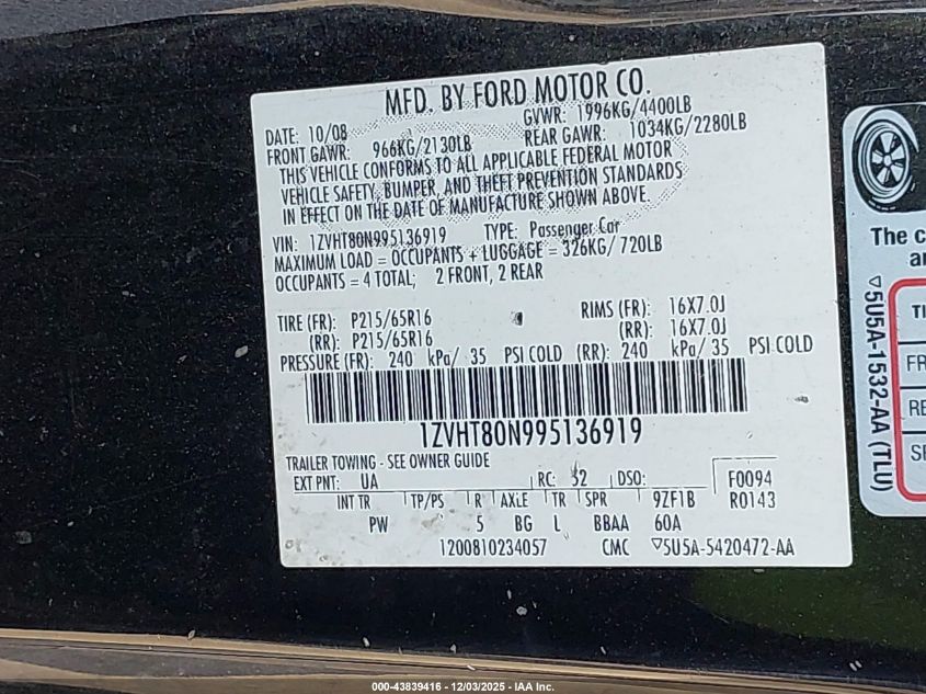 2009 Ford Mustang V6/V6 Premium VIN: 1ZVHT80N995136919 Lot: 43839416