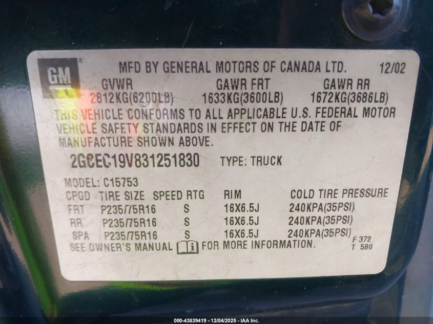 2003 Chevrolet Silverado 1500 VIN: 2GCEC19V831251830 Lot: 43839419