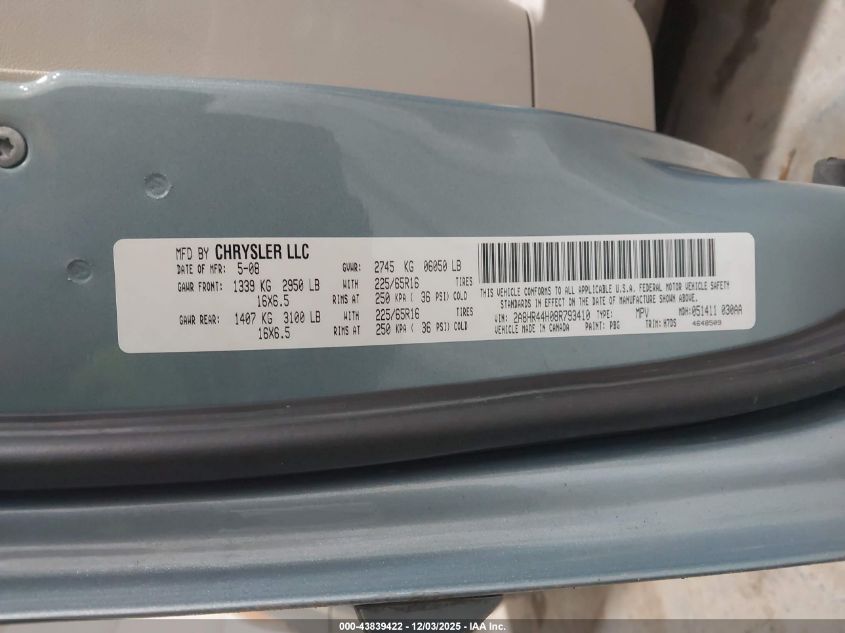 2008 Chrysler Town & Country Lx VIN: 2A8HR44H08R793410 Lot: 43839422