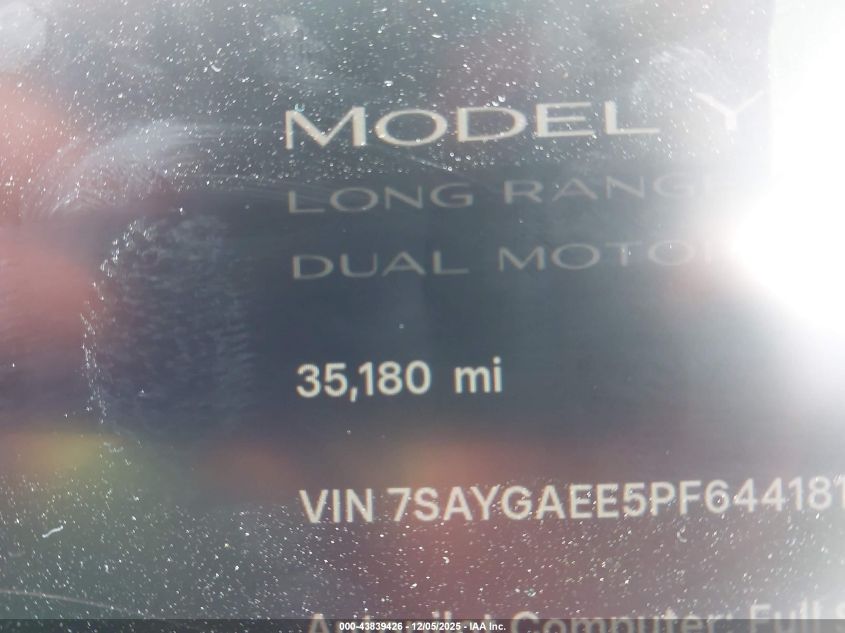 2023 Tesla Model Y Awd/Long Range Dual Motor All-Wheel Drive VIN: 7SAYGAEE5PF644181 Lot: 43839426