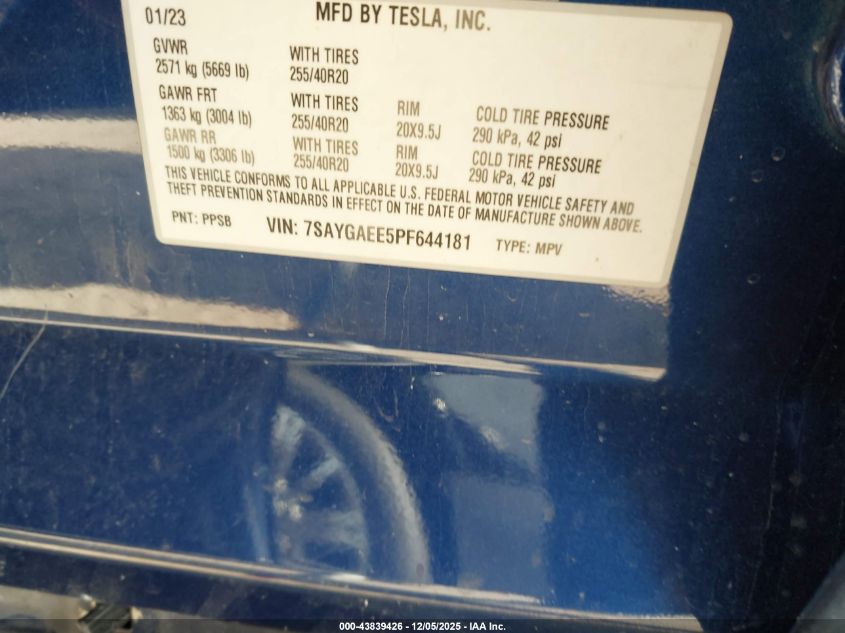 2023 Tesla Model Y Awd/Long Range Dual Motor All-Wheel Drive VIN: 7SAYGAEE5PF644181 Lot: 43839426