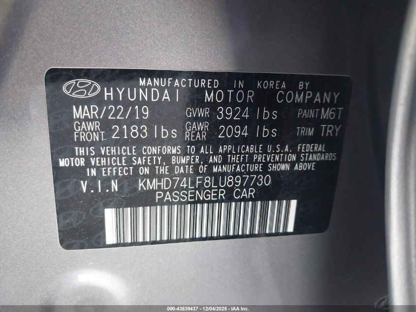 2020 Hyundai Elantra Se VIN: KMHD74LF8LU897730 Lot: 43839437