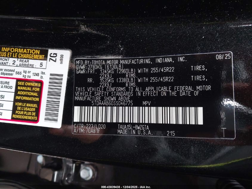 2025 Lexus Tx 350 Luxury VIN: 5TDAAAB60SS046775 Lot: 43839438