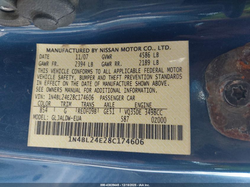 2008 Nissan Altima 3.5 Se VIN: 1N4BL24E28C174606 Lot: 43839445