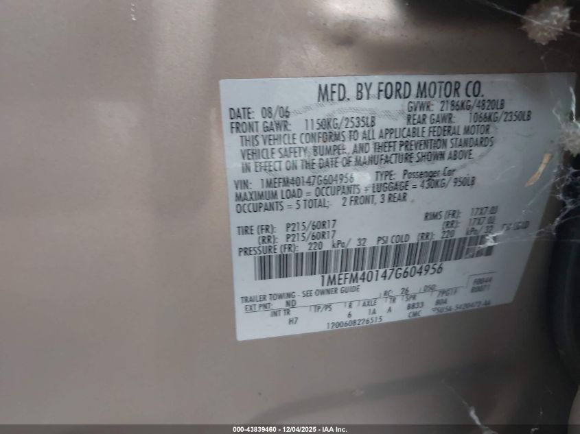 2007 Mercury Montego Luxury VIN: 1MEFM40147G604956 Lot: 43839460