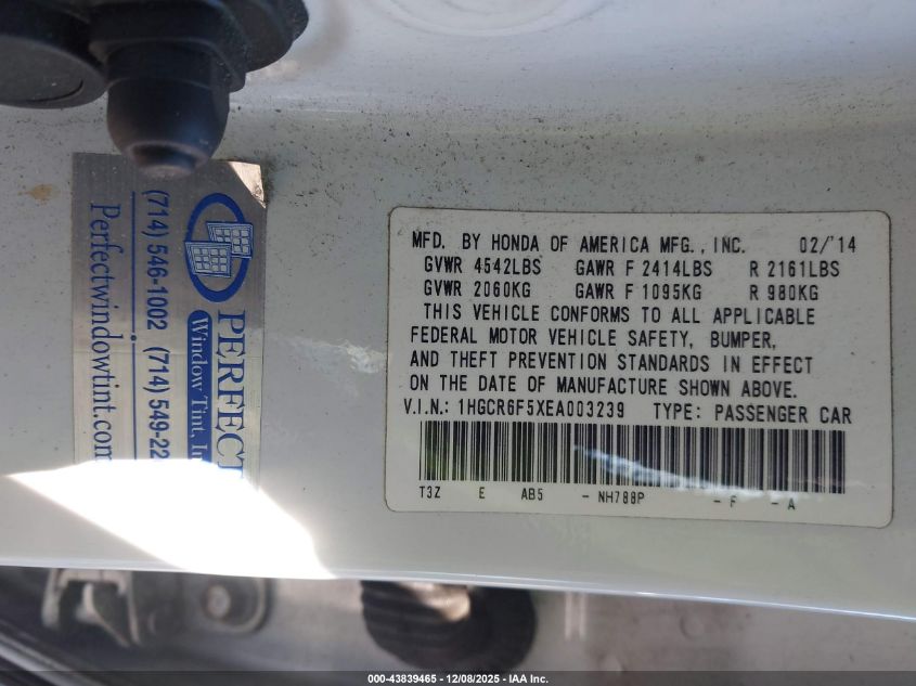 2014 Honda Accord Hybrid Ex-L VIN: 1HGCR6F5XEA003239 Lot: 43839465