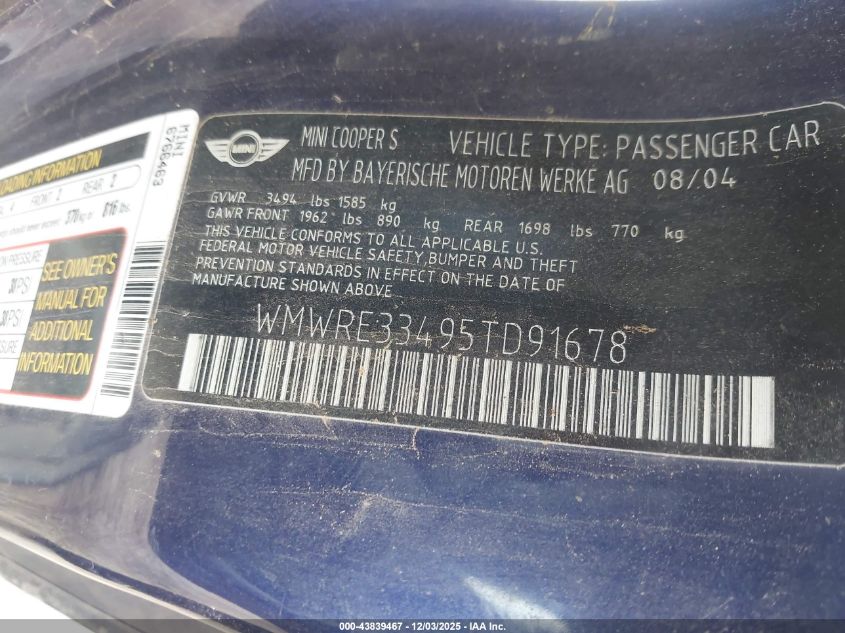 2005 Mini Cooper S VIN: WMWRE33495TD91678 Lot: 43839467