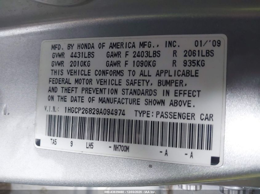 2009 Honda Accord 2.4 Ex-L VIN: 1HGCP26829A094974 Lot: 43839468
