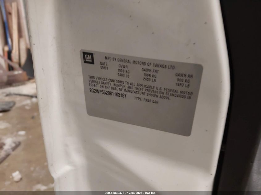 2008 Pontiac Grand Prix VIN: 2G2WP552881163187 Lot: 43839478