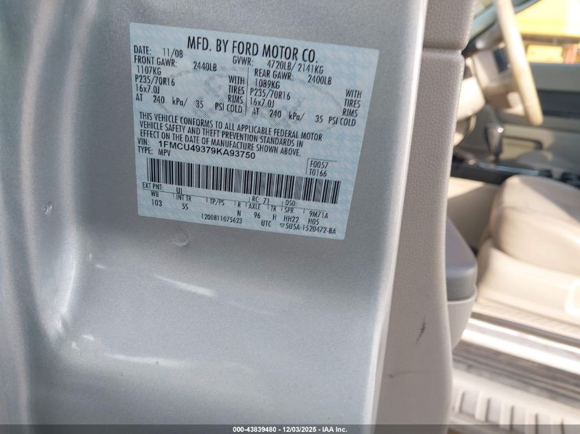 2009 Ford Escape Hybrid Limited VIN: 1FMCU49379KA93750 Lot: 43839480