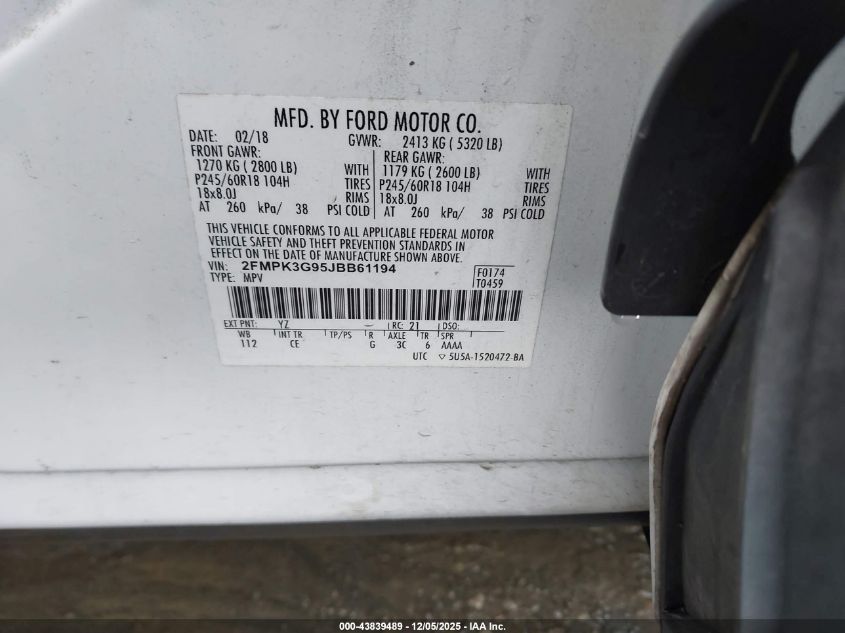 2018 Ford Edge Se VIN: 2FMPK3G95JBB61194 Lot: 43839489