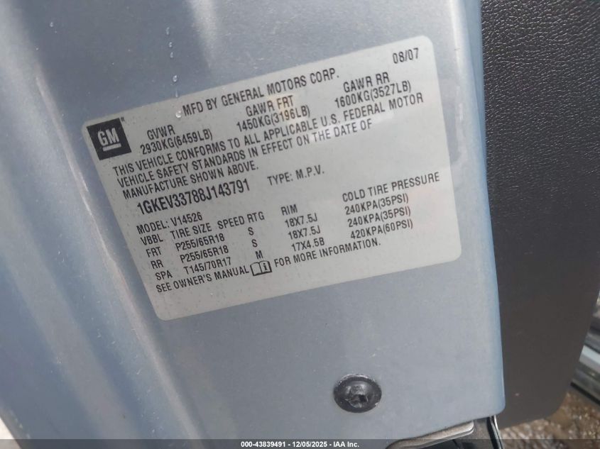 2008 GMC Acadia Slt-2 VIN: 1GKEV33788J143791 Lot: 43839491