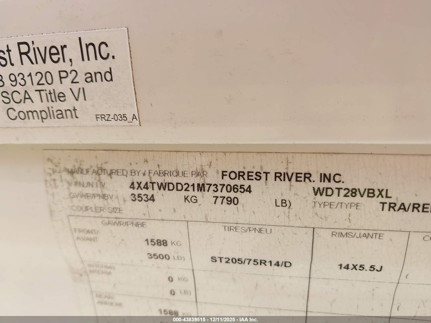 2021 Fore River 28Vbxl VIN: 4X4TWDD21M7370654 Lot: 43839515