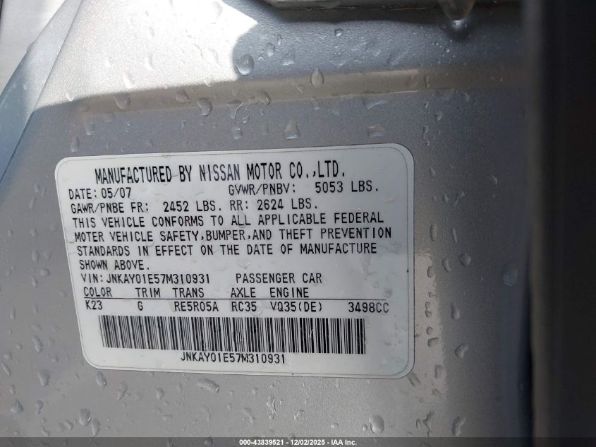 2007 Infiniti M35 VIN: JNKAY01E57M310931 Lot: 43839521