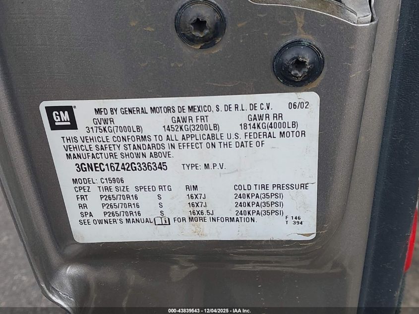 2002 Chevrolet Suburban 1500 Ls VIN: 3GNEC16Z42G336345 Lot: 43839543