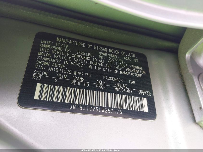 2020 Nissan Rogue Sport S Fwd Xtronic Cvt VIN: JN1BJ1CV5LW257176 Lot: 43839552