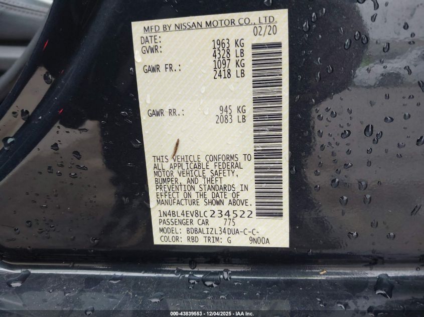 2020 Nissan Altima Sl Fwd VIN: 1N4BL4EV8LC234522 Lot: 43839553