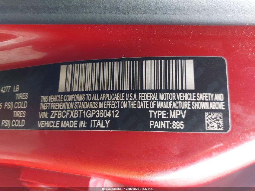 2016 Fiat 500X Easy VIN: ZFBCFXBT1GP360412 Lot: 43839566