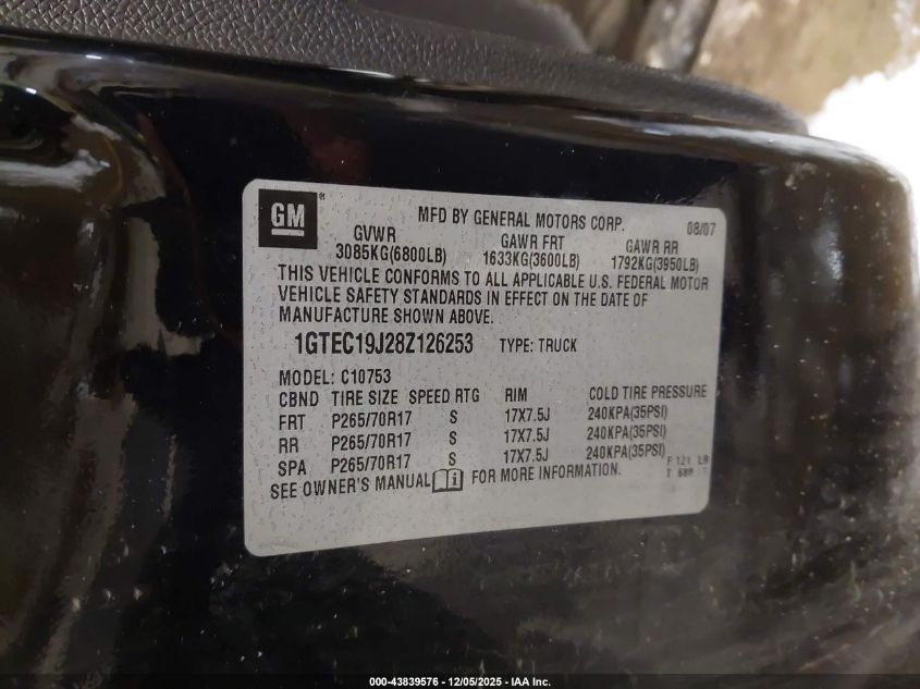 2008 GMC Sierra 1500 Sle1 VIN: 1GTEC19J28Z126253 Lot: 43839576