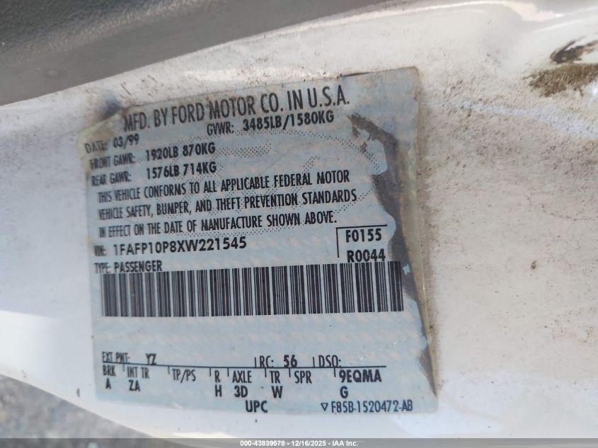 1999 Ford Escort Lx VIN: 1FAFP10P8XW221545 Lot: 43839578