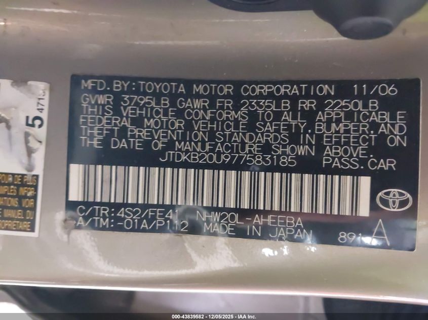 2007 Toyota Prius VIN: JTDKB20U977583185 Lot: 43839582