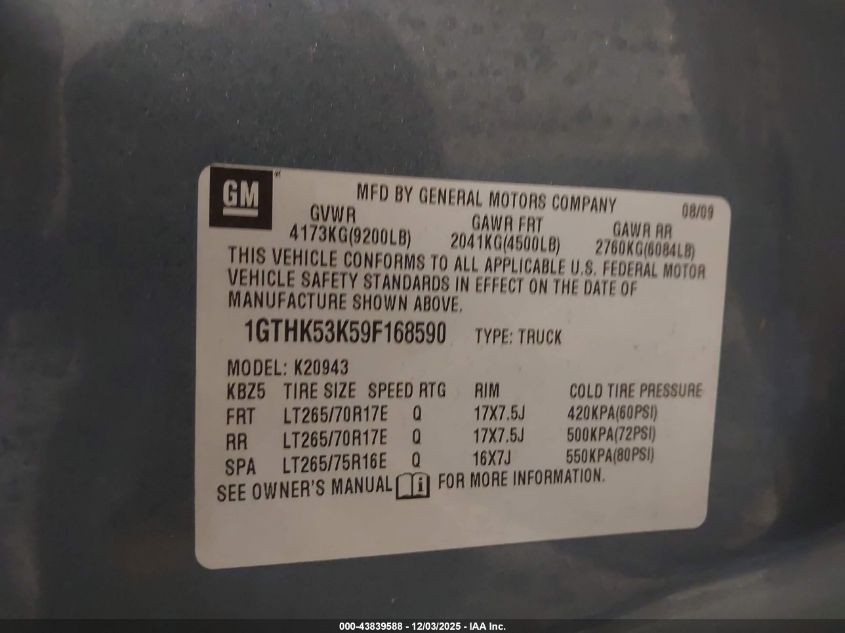 2009 GMC Sierra 2500Hd Sle VIN: 1GTHK53K59F168590 Lot: 43839588