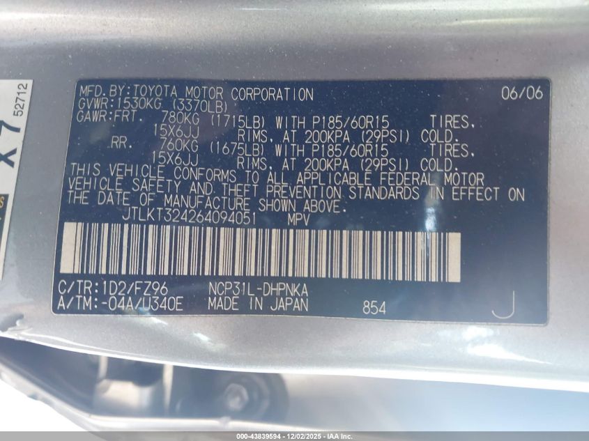 2006 Scion Xb VIN: JTLKT324264094051 Lot: 43839594