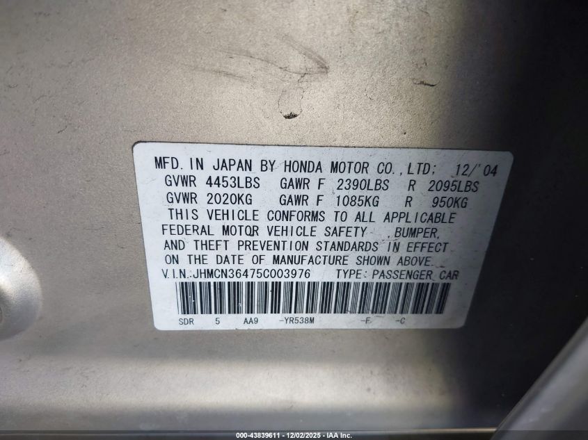 2005 Honda Accord Hybrid Ima VIN: JHMCN36475C003976 Lot: 43839611