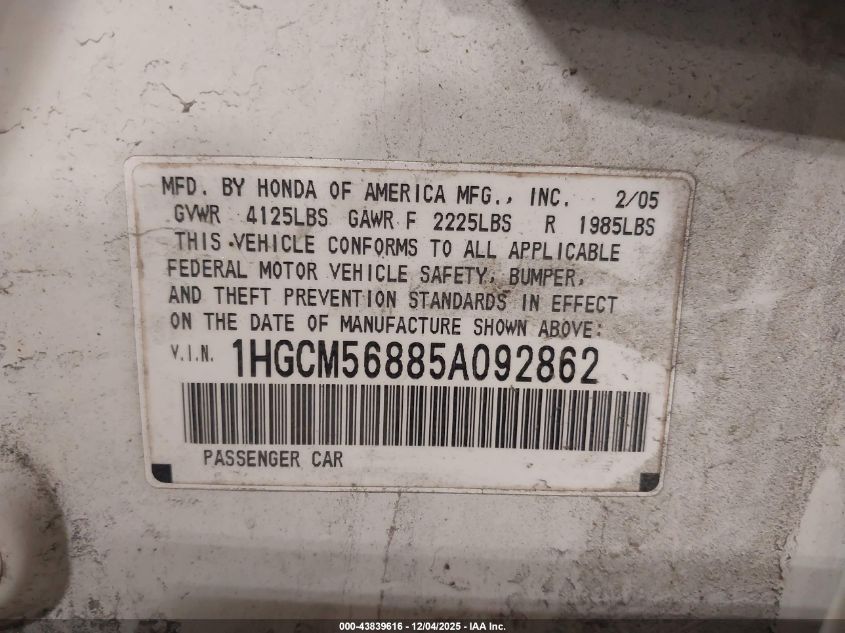 2005 Honda Accord 2.4 Ex VIN: 1HGCM56885A092862 Lot: 43839616