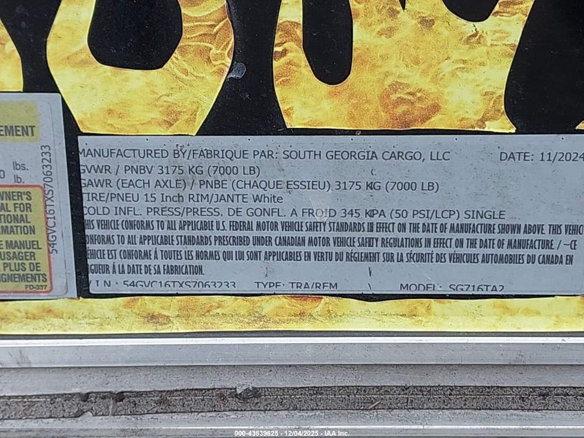 2025 South Ga Cargo Concession Trailer VIN: 54GVC16TXS7063233 Lot: 43839625