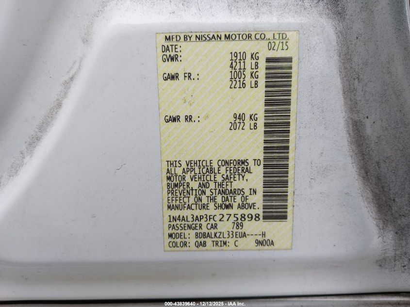 2015 Nissan Altima 2.5 Sv VIN: 1N4AL3AP3FC275898 Lot: 43839640