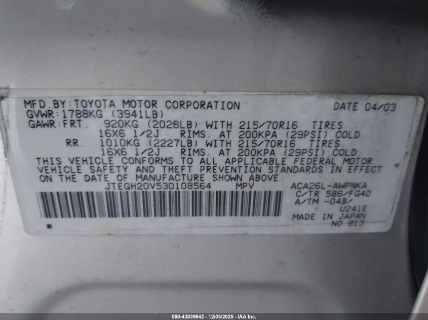 2003 Toyota Rav4 VIN: JTEGH20V530108564 Lot: 43839642