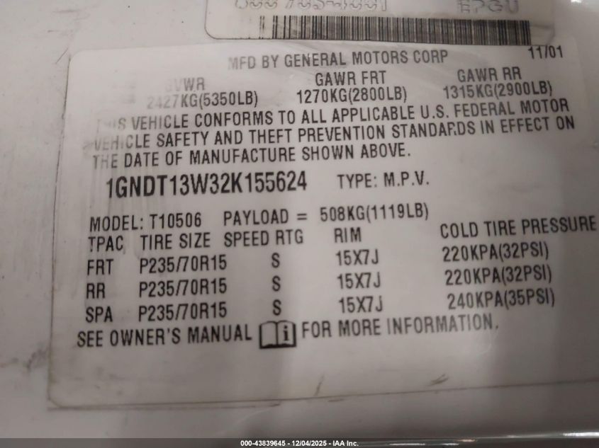 2002 Chevrolet Blazer Ls VIN: 1GNDT13W32K155624 Lot: 43839645