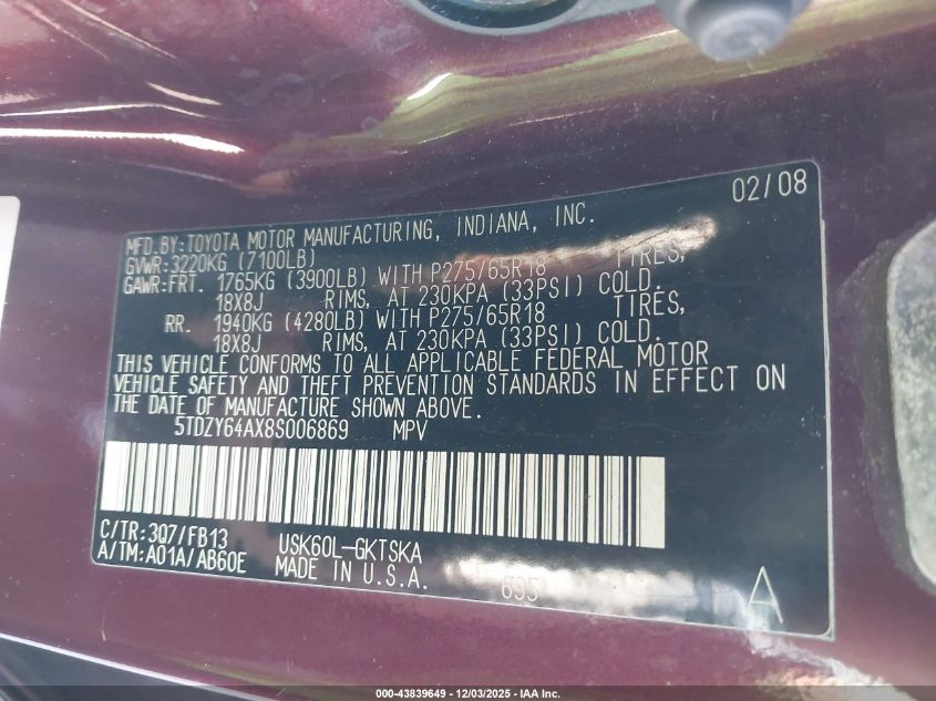 2008 Toyota Sequoia Sr5 5.7L V8 VIN: 5TDZY64AX8S006869 Lot: 43839649