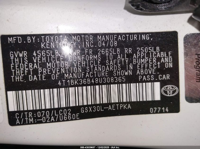 2008 Toyota Avalon Limited VIN: 4T1BK36B48U308365 Lot: 43839657