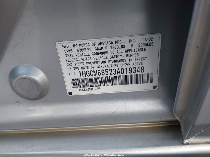 2003 Honda Accord 3.0 Ex VIN: 1HGCM66523A019348 Lot: 43839660