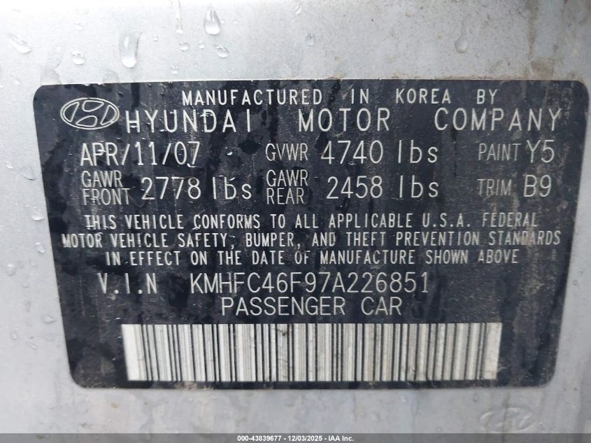 2007 Hyundai Azera Limited/Se VIN: KMHFC46F97A226851 Lot: 43839677