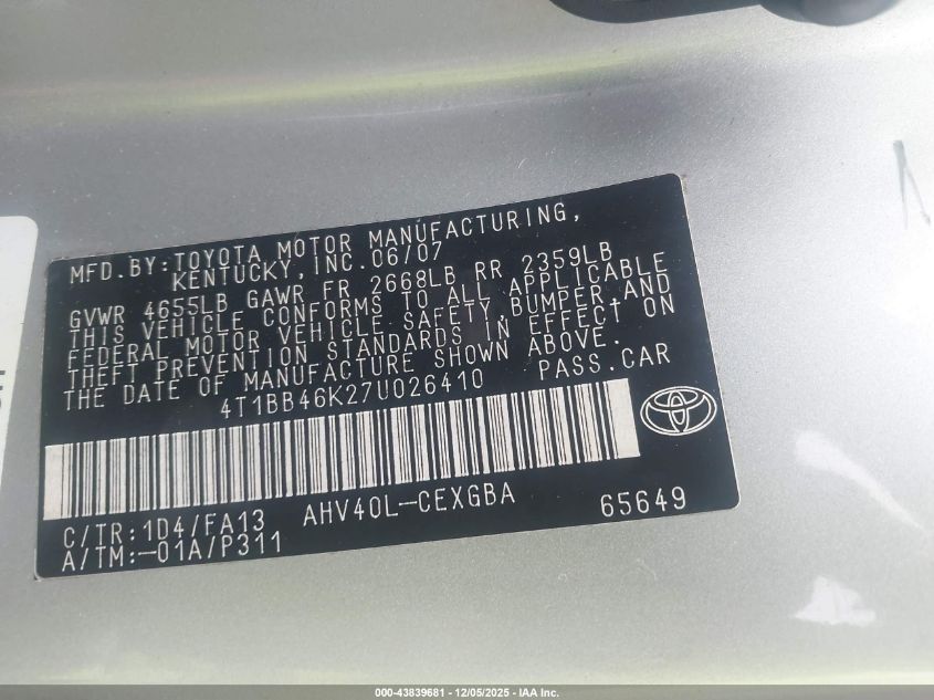 2007 Toyota Camry Hybrid VIN: 4T1BB46K27U026410 Lot: 43839681