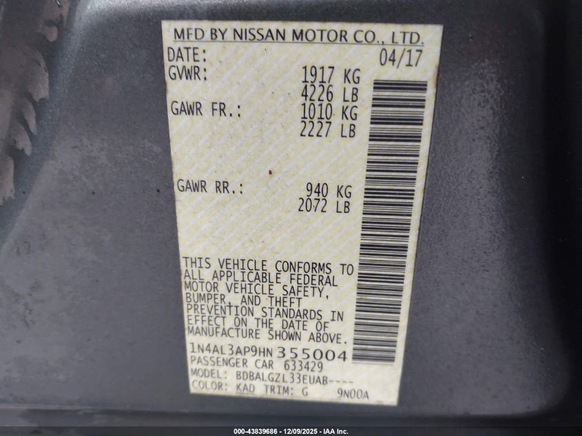 2017 Nissan Altima 2.5 S VIN: 1N4AL3AP9HN355004 Lot: 43839686