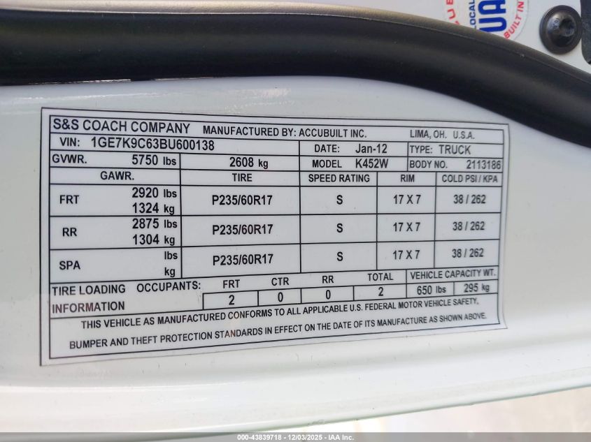 2011 Cadillac Dts Standard VIN: 1GE7K9C63BU600138 Lot: 43839718