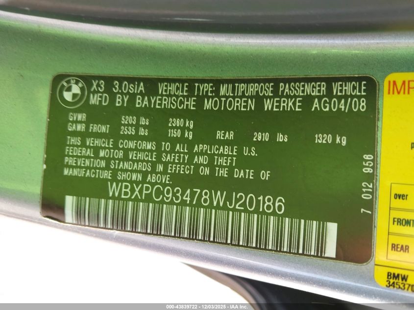 2008 BMW X3 3.0Si VIN: WBXPC93478WJ20186 Lot: 43839722
