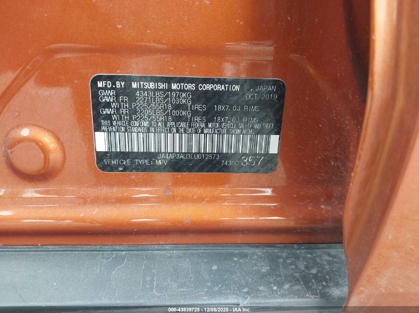 2020 Mitsubishi Outlander Sport 2.0 Es VIN: JA4AP3AU3LU012573 Lot: 43839725