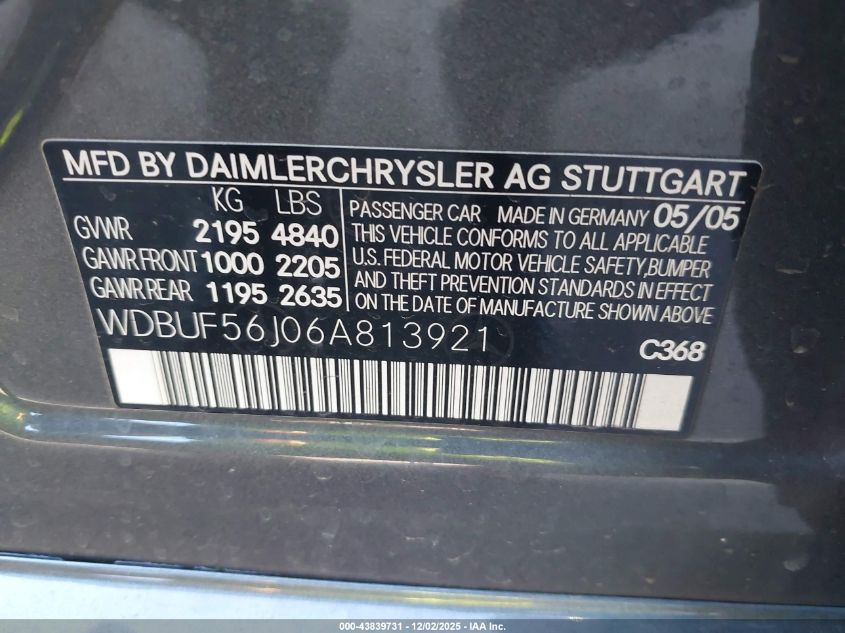 2006 Mercedes-Benz E 350 VIN: WDBUF56J06A813921 Lot: 43839731