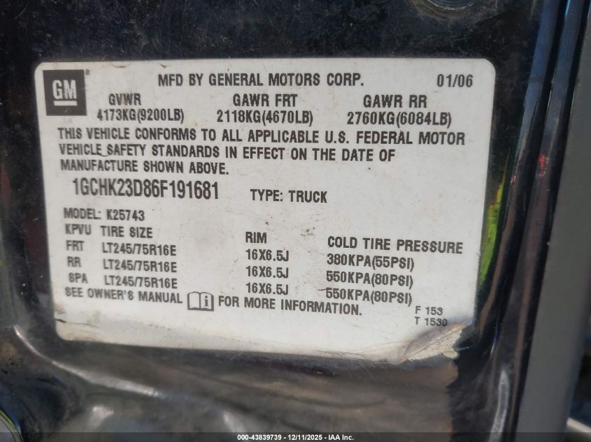 2006 Chevrolet Silverado 2500Hd Lt3 VIN: 1GCHK23D86F191681 Lot: 43839739