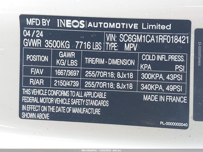 2024 Ineos Grenadier Fieldmaster Edition/Trialmaster Edition VIN: SC6GM1CA1RF018421 Lot: 43839762