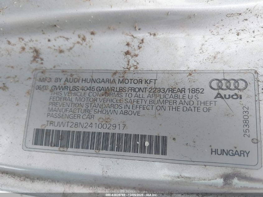 2004 Audi Tt 1.8L VIN: TRUWT28N241002917 Lot: 43839769