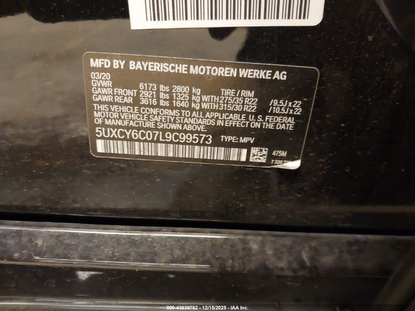 2020 BMW X6 xDrive40I VIN: 5UXCY6C07L9C99573 Lot: 43839782