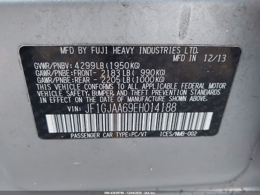 2014 Subaru Impreza 2.0I VIN: JF1GJAA69EH014188 Lot: 43839796