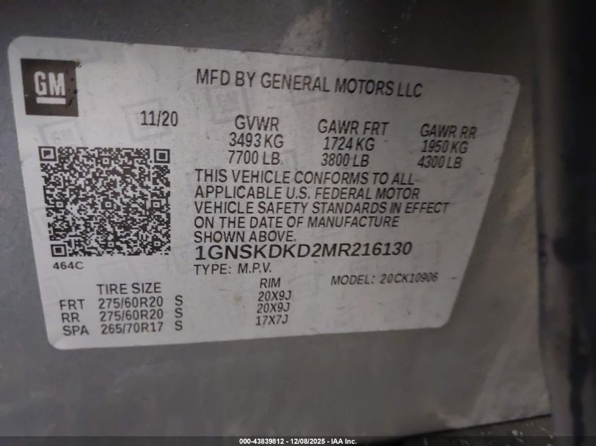 2021 Chevrolet Suburban 4Wd Z71 VIN: 1GNSKDKD2MR216130 Lot: 43839812