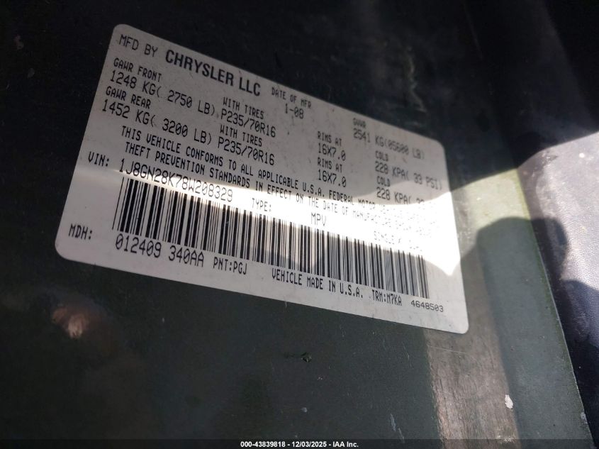 2008 Jeep Liberty Sport VIN: 1J8GN28K78W208329 Lot: 43839818